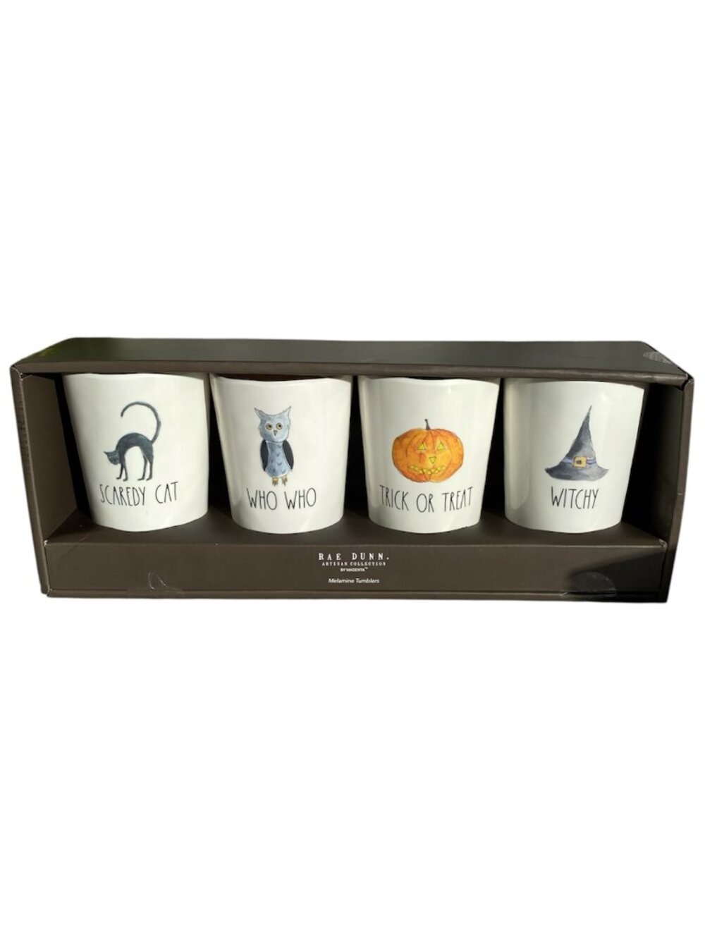 NIB Rae Dunn Halloween Melamine Tumblers Set 4 Watercolor Ghost Cat Pumpkin Owl